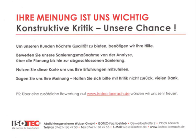 ISOTEC-Kundenbewertung des ISOTEC-Fachbetriebes Walzer in Lörrach, konstruktive Kritik ist unsere Chance