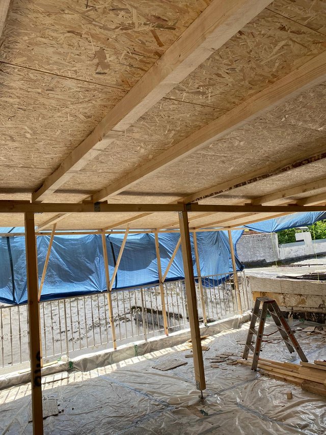 Holzgeruest mit OSB-Platten ueber abgedeckter Baustelle, Leiter im Vordergrund