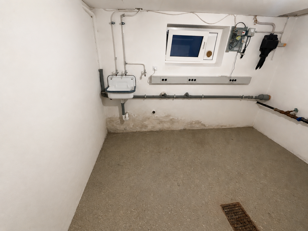 Kellerraum mit Waschbecken, Rohrleitungen und Verfärbungen am unteren Wandbereich.