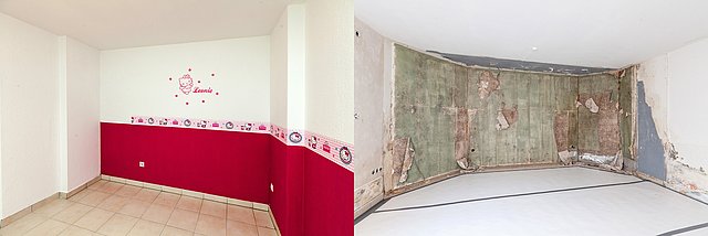 Dekoriertes Zimmer neben Raum mit beschädigten Wandflächen