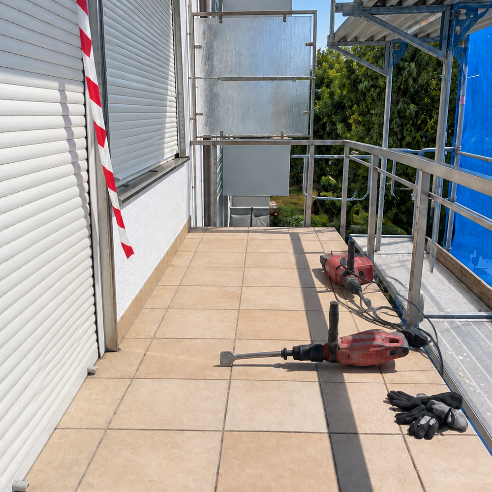 Fliesenbalkon mit Baugerüst, zwei roten Abbruchhämmern und Arbeitshandschuhen