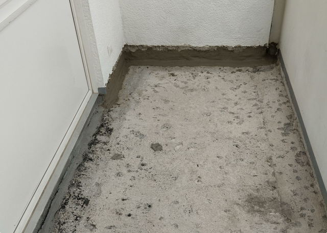 Graue Masse entlang Wandanschluss auf freigelegtem Boden aufgetragen