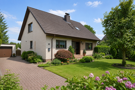 Einfamilienhaus mit Ziegeldach, gepflasterter Einfahrt und gepflegtem Garten mit Rasen.
