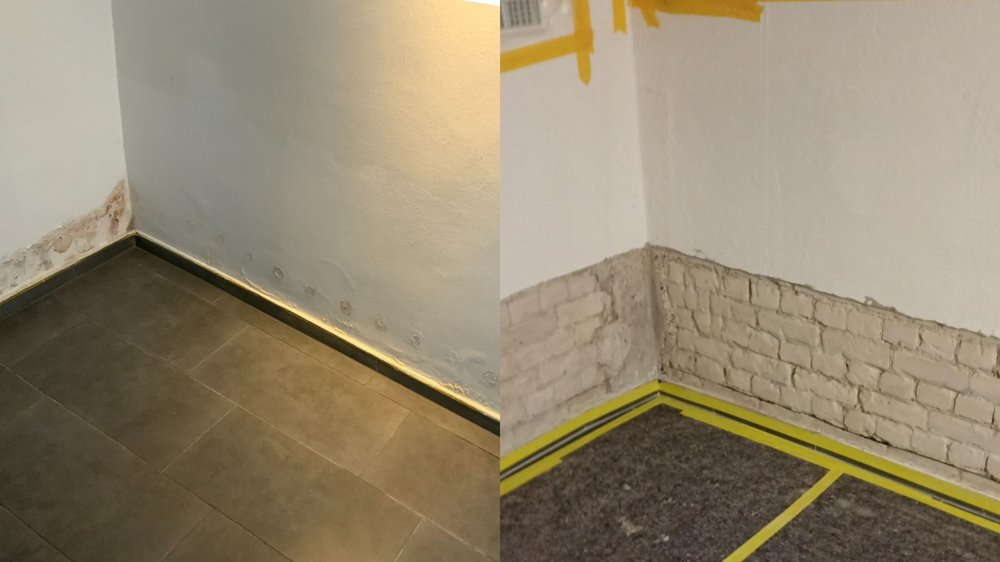 Feuchteschäden an Zimmerecke, freigelegtes Mauerwerk im Vorher-Nachher-Vergleich