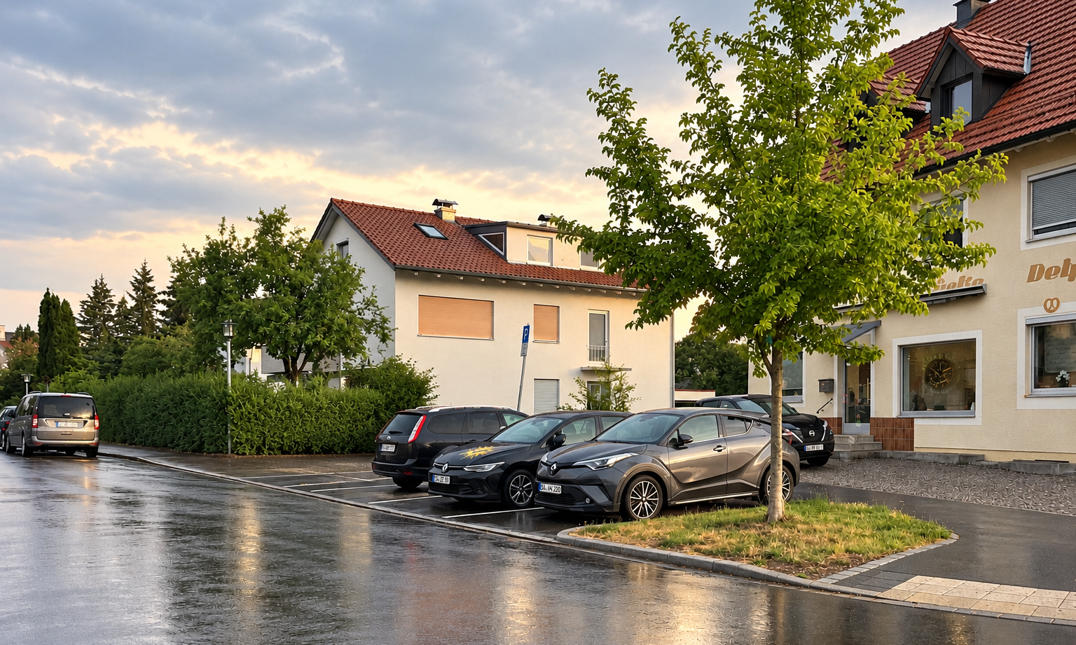 Nasse Straße mit parkenden Autos neben jungem Baum vor cremefarbenem Haus mit rotem Ziegeldach