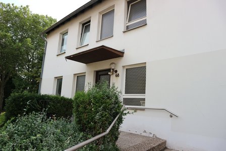 Hauseingang mit Vordach, Treppe und Handlauf, umgeben von Büschen