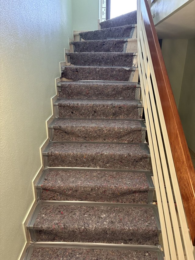Treppe mit grauen Abdeckvliesen und Klebeband, Blick nach oben im Treppenhaus