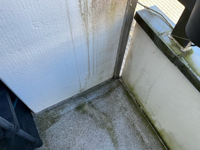 Balkonecke mit grünen Algenflecken auf grauem Bodenbelag und dunklen Verfärbungen an heller Wand