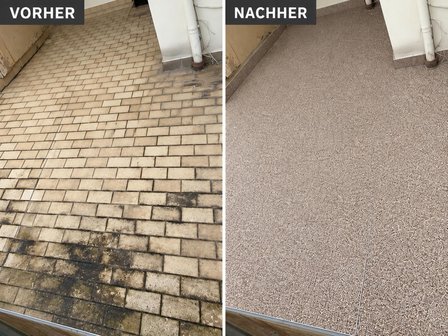 Balkonboden vorher mit dunklen Verfärbungen auf beigen Fliesen, nachher einheitliche, feinkörnige Oberfläche
