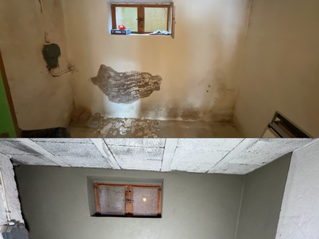 Feuchteschäden und abgeplatzter Putz an Kellerwand, Vorher-Nachher-Ansicht