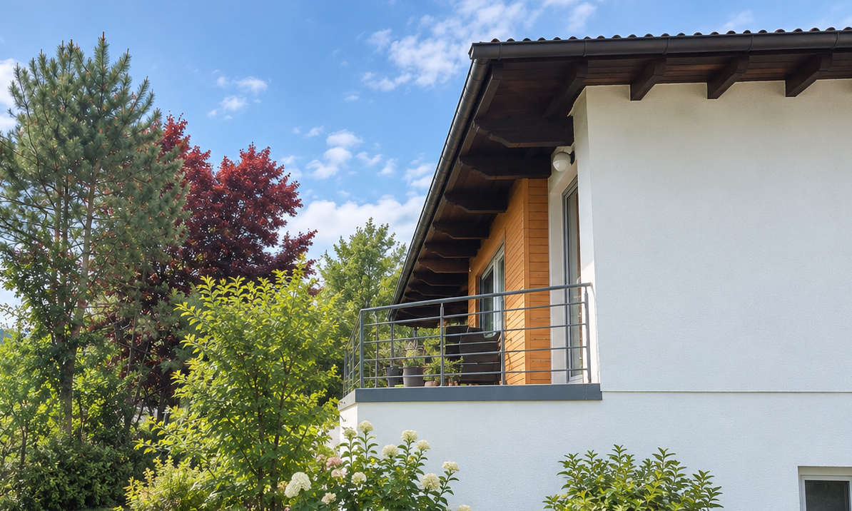 Einfamilienhaus mit Balkon, Garten und Bäumen bei blauem Himmel