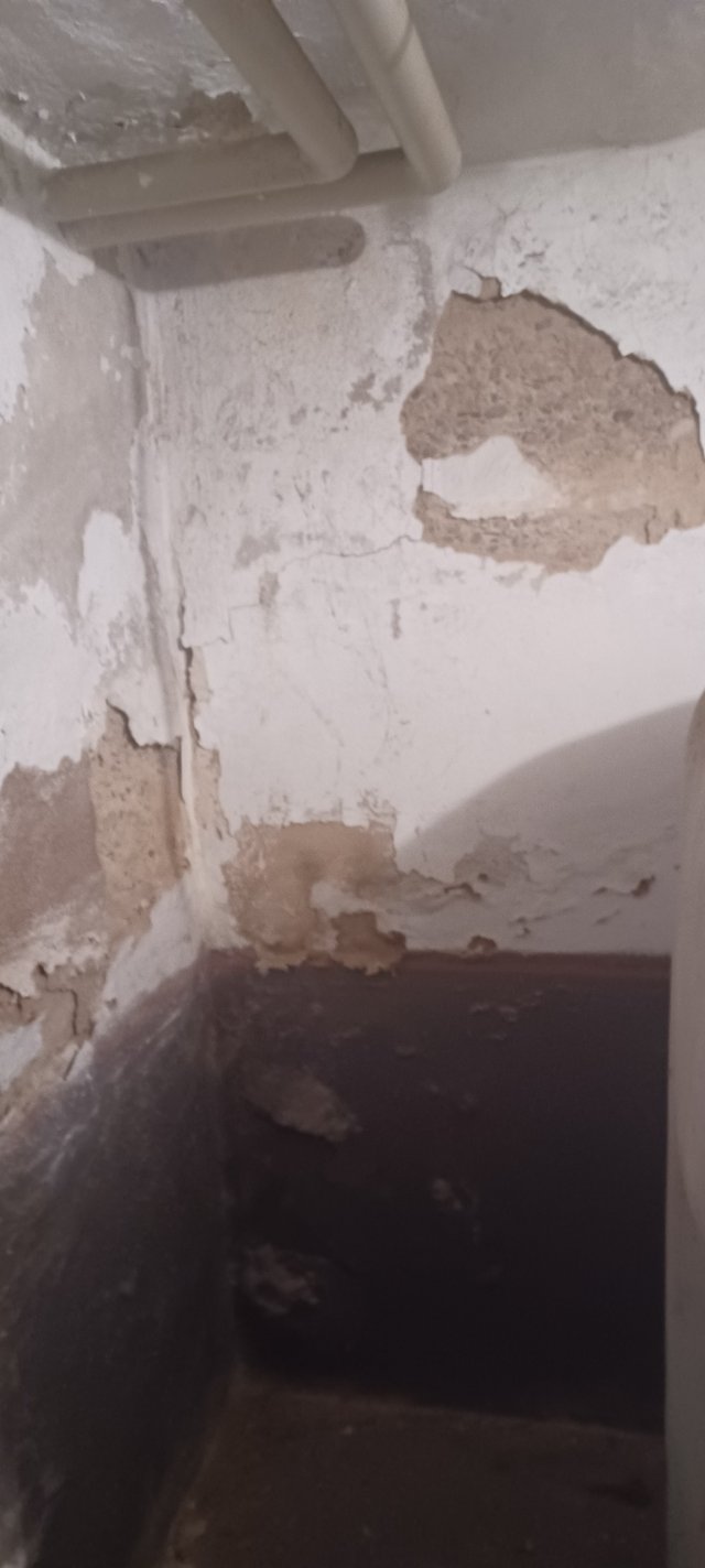 Abgeplatzte weiße Beschichtung mit freiliegender brauner Fläche in einer Raumecke neben Rohrleitung.