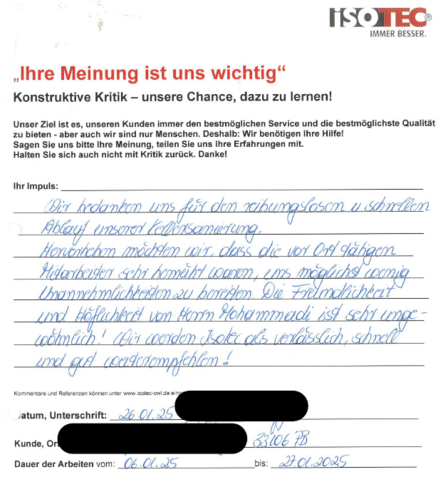 ISOTEC Feedbackformular mit handschriftlichem Dank und Lob für schnelle Kellerabdichtung.