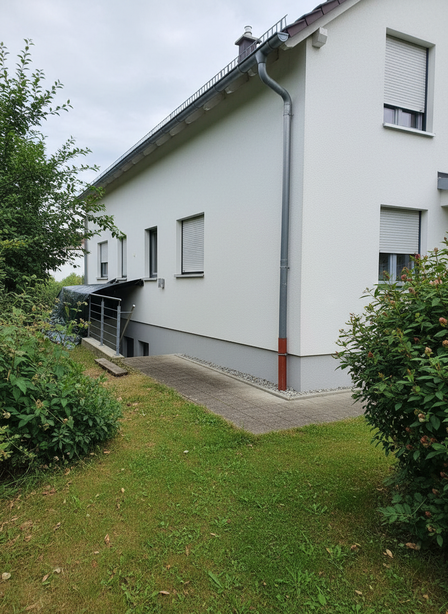 Außenbereich mit weißer Hausfassade, Regenfallrohr und gepflastertem Zugang