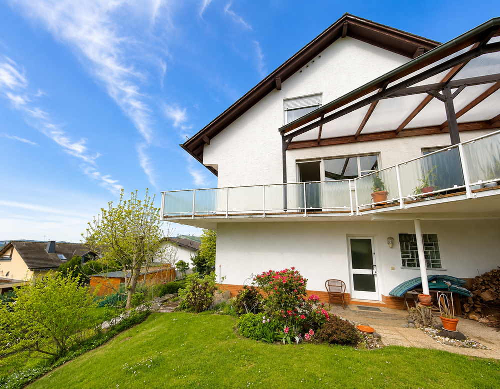 Weißes Wohnhaus mit Balkon und Garten im Vordergrund unter blauem Himmel