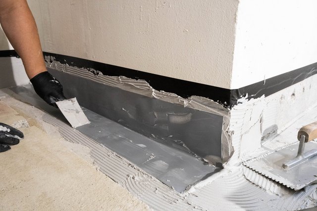 Handschuhhand spachtelt graue Masse am Wand-Boden-Anschluss, schwarze Bahn sichtbar