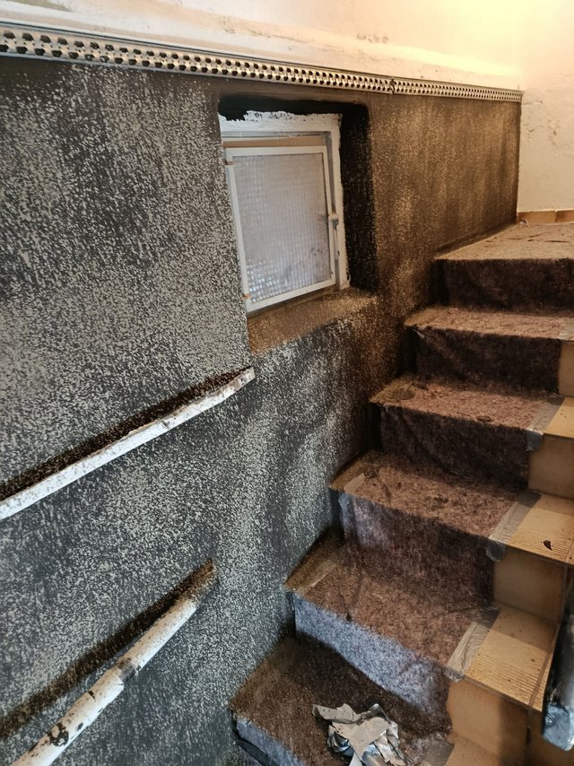 Schwarze Masse auf Kellerwand und Treppe neben kleinem Fenster aufgetragen