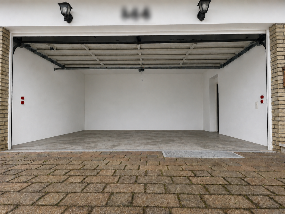 Leere Garage mit geöffnetem Sektionaltor, weiße Wände und grauer Boden, Blick von Einfahrt