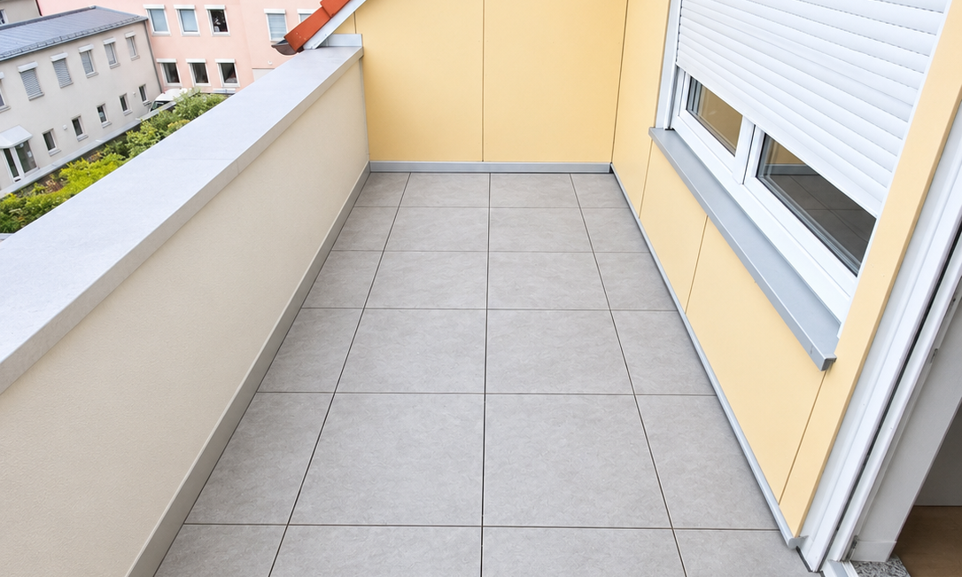 Schmaler Balkon mit grauen Bodenfliesen, gelber Wand und geschlossenem Rollladen