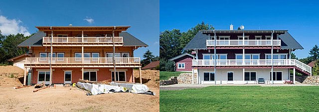 Dreistöckiges Haus im Rohbau neben fertiggestellter Fassade