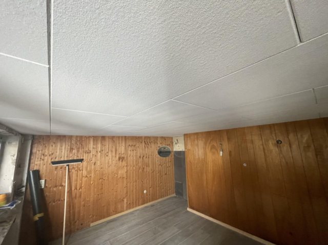Holzvertäfelter Kellerraum mit abgehängter Decke, Besen und Rollenmaterial an der Wand