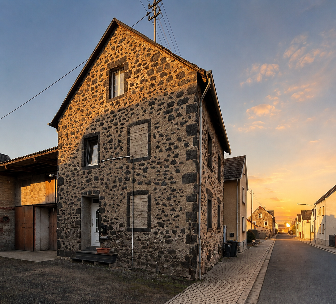 Steinhaus an Dorfstraße bei Sonnenuntergang, Vorderansicht mit Gehweg