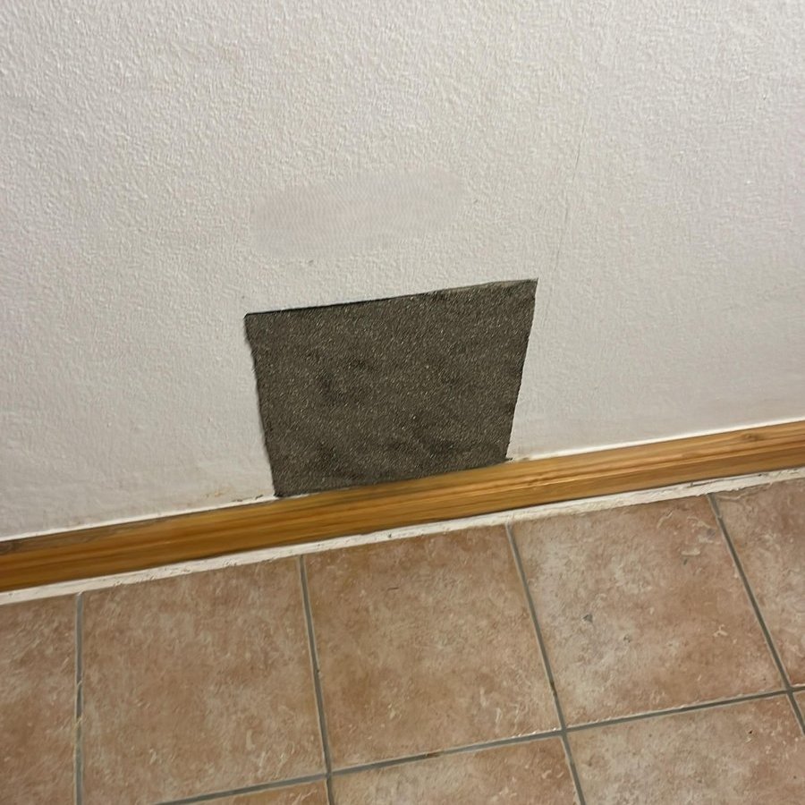 Schwarzer Fleck am unteren Wandbereich über Holzsockelleiste, Fliesenboden im Vordergrund