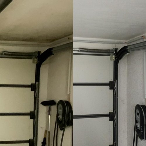 Vergleich von verschmutzter und gereinigter Garagenecke mit Tormechanik