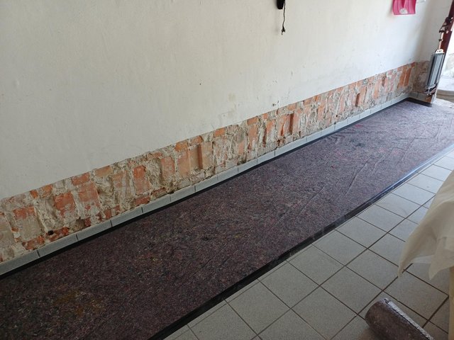 Freigelegte Ziegelreihe am Wandfuß, Boden mit Abdeckvlies und Fliesenrand.