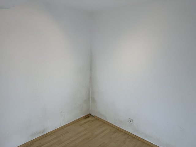 Verschmutzte Zimmerecke mit dunklen Flecken an weißer Wand über Sockelleiste.