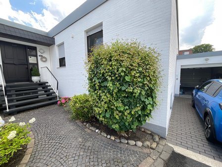 Dichter grüner Strauch vor weiß gestrichener Ziegelwand neben der Garageneinfahrt