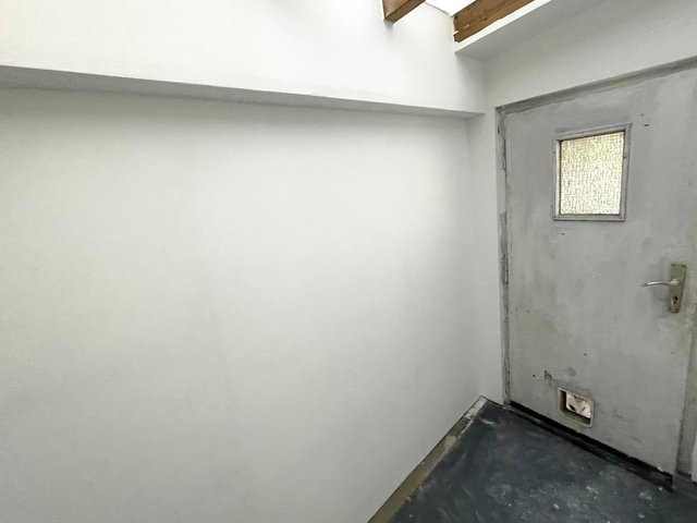 Leerer Raum mit grauer Tür, Glasausschnitt und Katzenklappe vor heller Wand