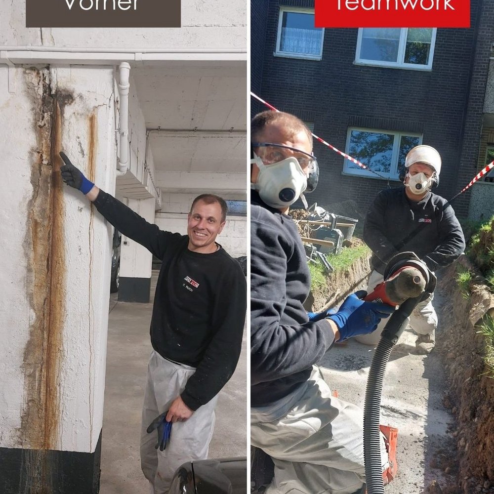 ISOTEC Mitarbeiter zeigt feuchte Kellerwand, daneben bohren zwei Mitarbeiter im Erdgraben