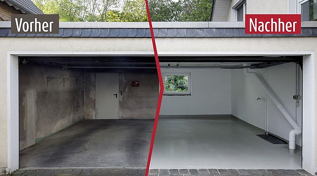 Vorher-Nachher-Bild zeigt die beeindruckende Transformation eines Garagenbodens durch die ISOTEC Garagenbodenbeschichtung.