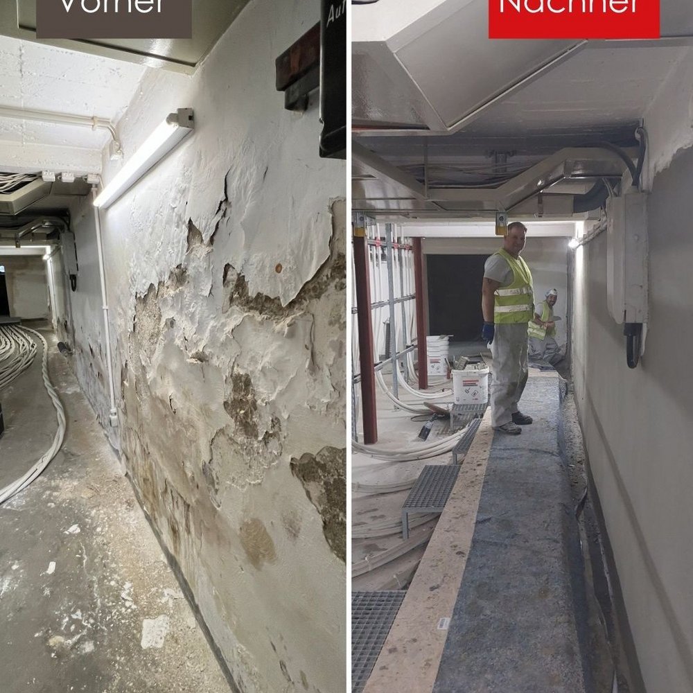 Vorher-Nachher: abgeplatzte graue Masse an Kellerwand, danach glatte Wand im Technikgang