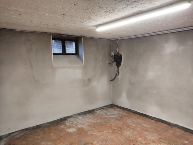 Leerer Kellerraum mit verputzten Wänden, kleinem Fenster, Leuchtstoffröhre und Kabelkasten