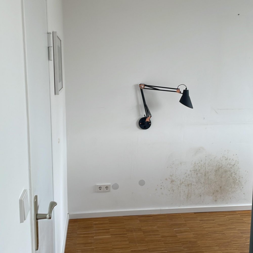 Fleckige Wand mit Schimmelbefall unter schwarzer Wandlampe in leerem Zimmer