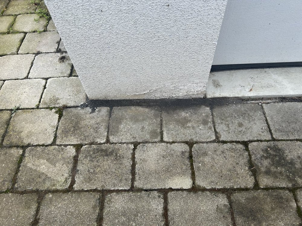 Sockelbereich an heller Hausfassade neben Pflastersteinen, dunkle Verfärbungen sichtbar