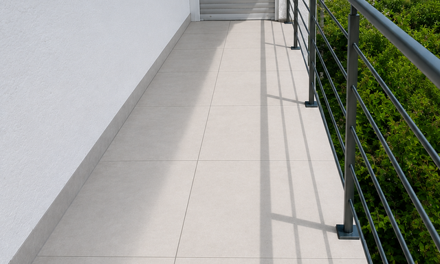 Gefliester Balkon mit Metallgeländer, Fenster und Rollladentür am weißen Haus.