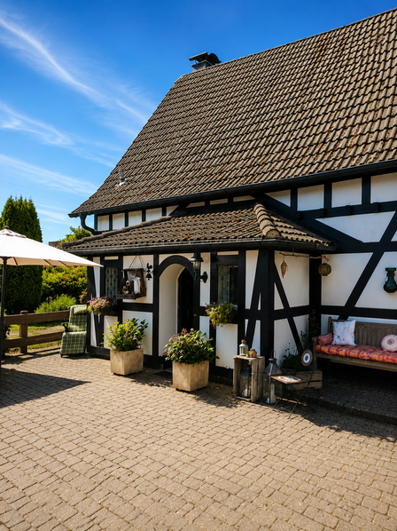 Fachwerkhaus mit Terrasse, Pflanzkübeln, Bank und Sonnenschirm vor blauem Himmel