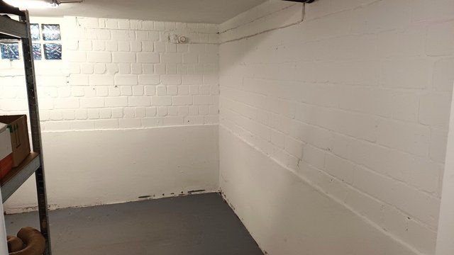 Weiß gestrichene Kellerwände mit grauem Boden und Regal seitlich