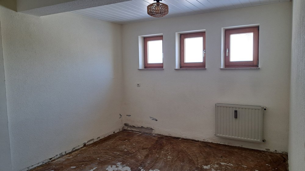 Leerer Raum mit drei Fenstern, Heizkoerper und abplatzendem Wandputz am Sockel