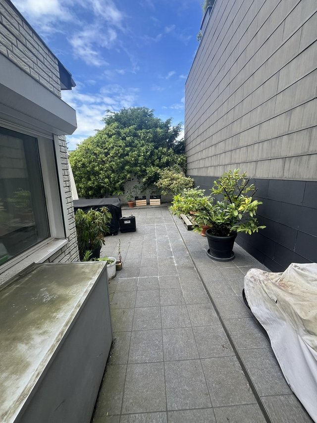 Schmaler Terrassenweg mit grauen Bodenfliesen, Pflanzkübeln und dichter Begrünung