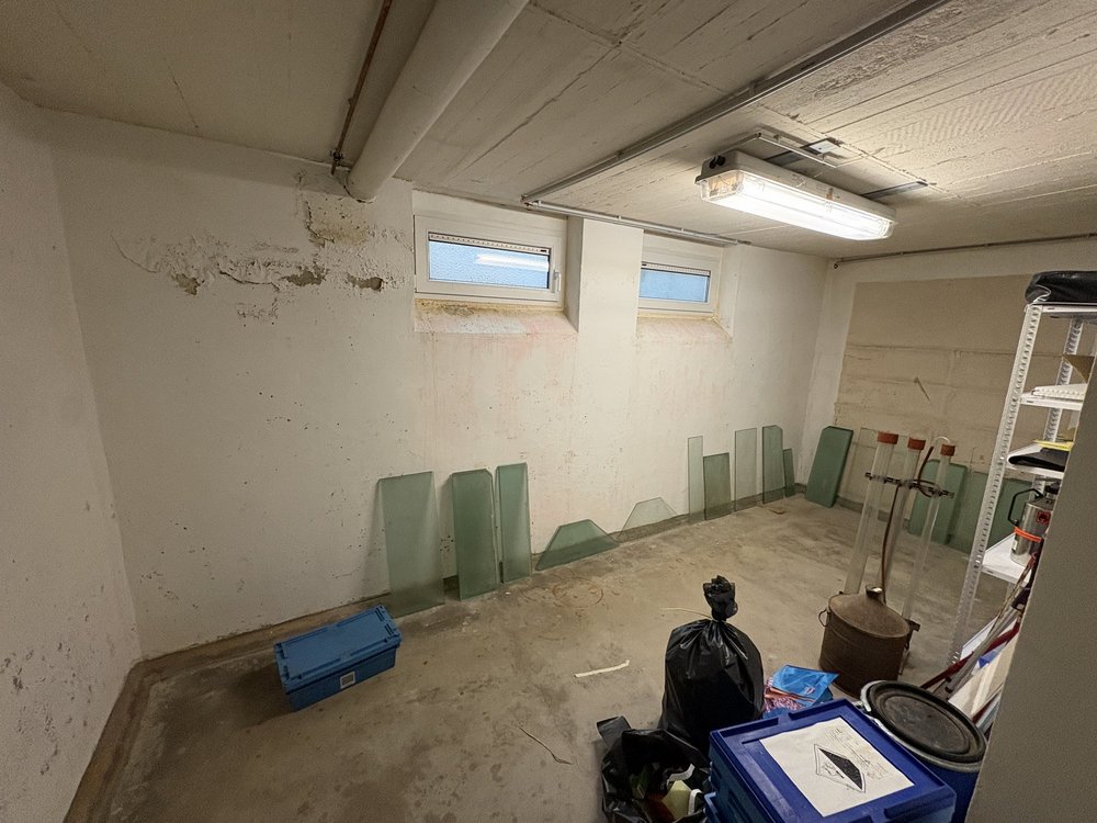 Kellerraum mit abplatzender Wandbeschichtung unter zwei Fenstern, Glasplatten an der Wand.