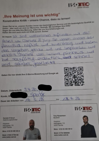 Ausgefüllter ISOTEC Bewertungsbogen mit handschriftlichem Feedback und QR-Code