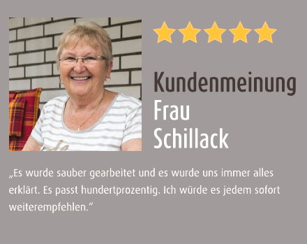 Portrait einer lächelnden Person mit Kundenbewertung und fünf Sternen.