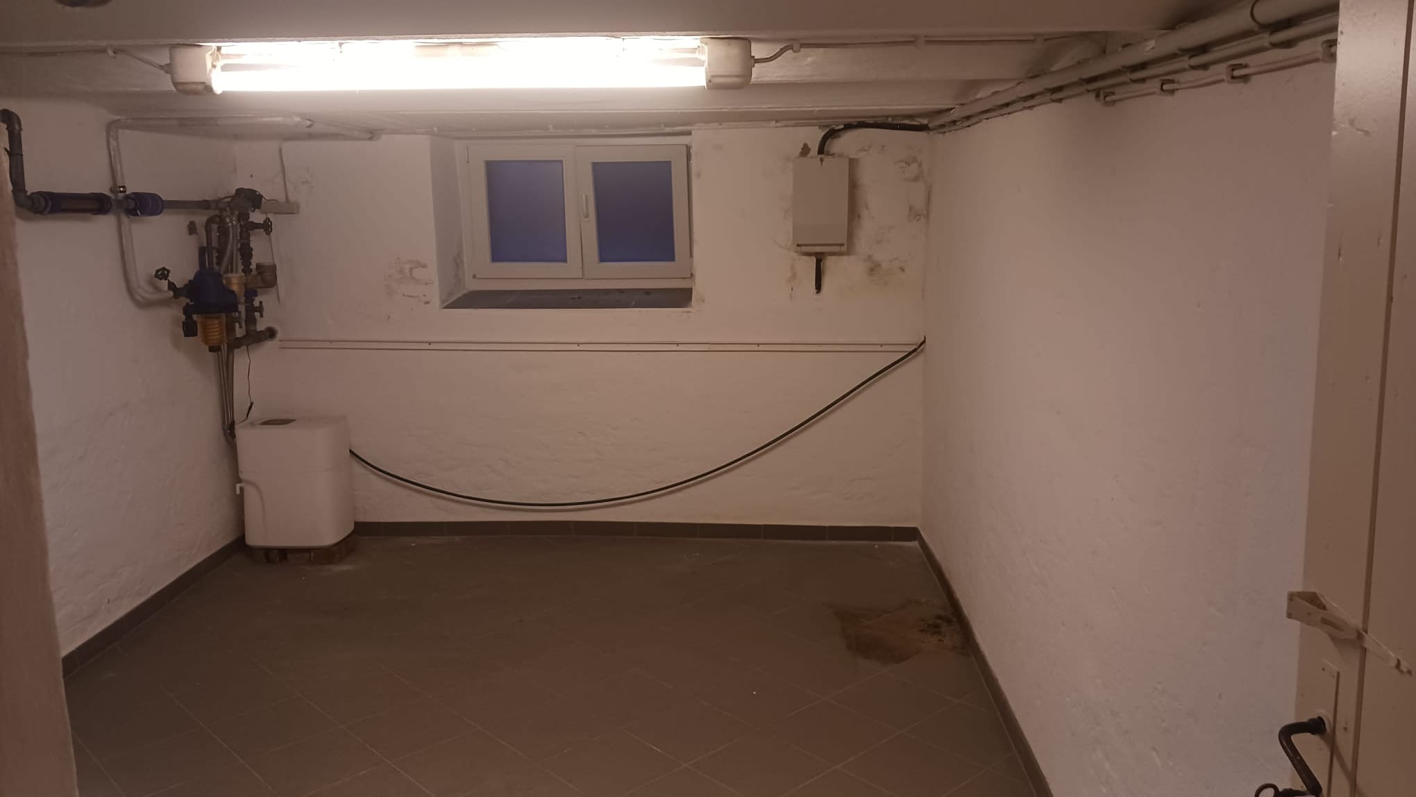 Kellerraum mit Fenster, Rohrleitungen und Flecken an Wand und Boden.