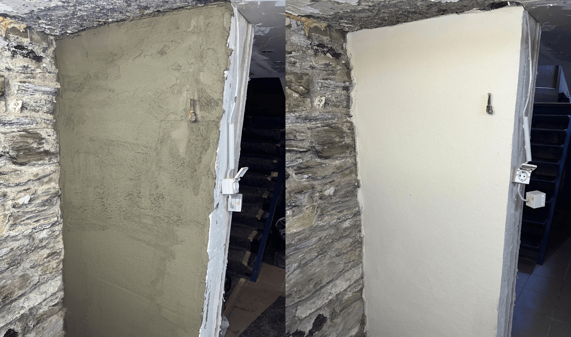 Vorher-nachher: graue Masse auf Wandfläche, daneben weiß beschichtete Wand im Treppenhausbereich