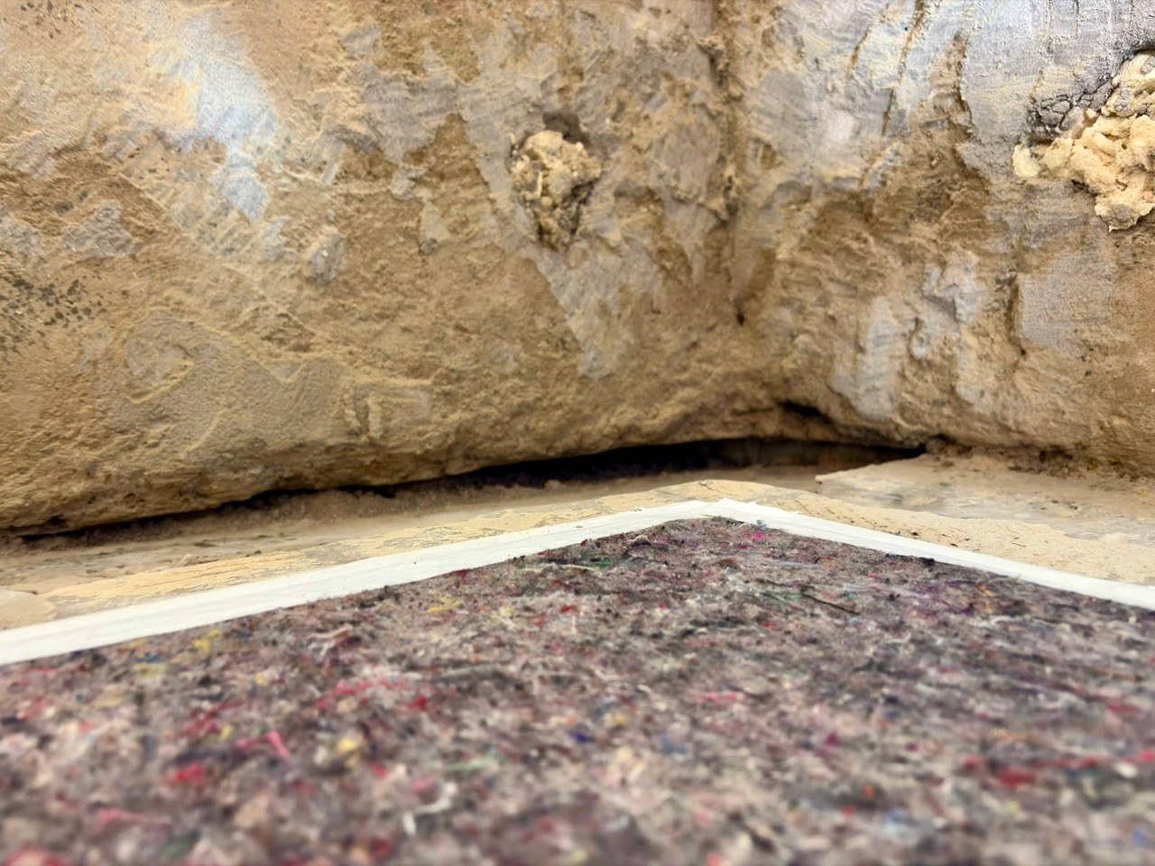 Spalt zwischen Boden und rauer Kellerwand, Nahaufnahme mit Abdeckvlies.