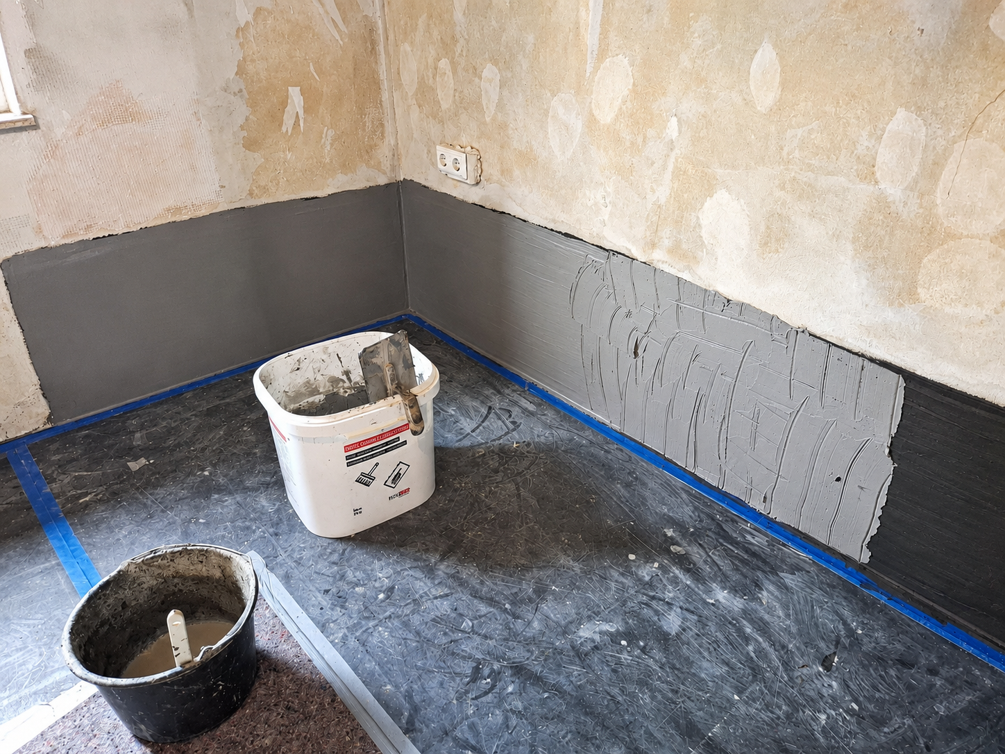 Graue Masse auf Wand im Zimmer, Eimer und Spachtel auf Folienboden
